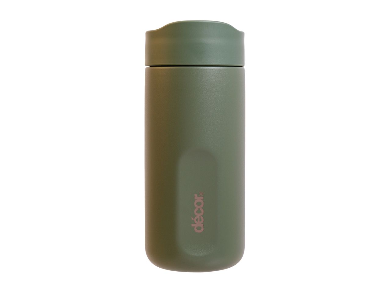 A matte olive green insulated travel mug with a curved lid and a subtle debossed logo.