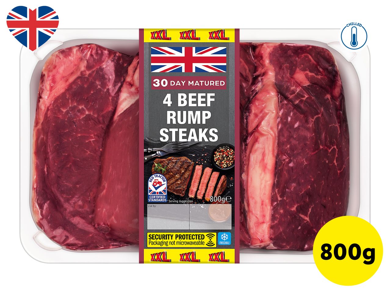 Pack of 4 beef rump steaks, 30-day matured, 800g, with a Union Jack heart.