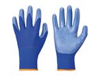 Pair of blue work gloves with orange cuffs, one showing the palm and the other the back.