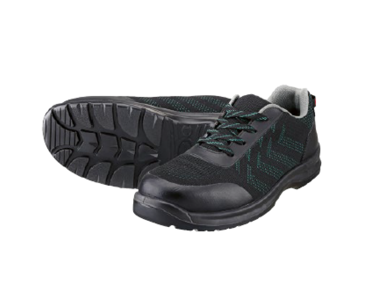 Sapatos de segurança pretos com atacadores verdes e sola antiderrapante.