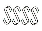 Four black S-hooks with green tips, arranged in a row.