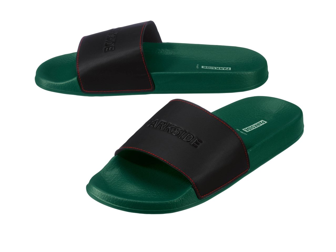 Two green and black Parkside slides with red stitching.