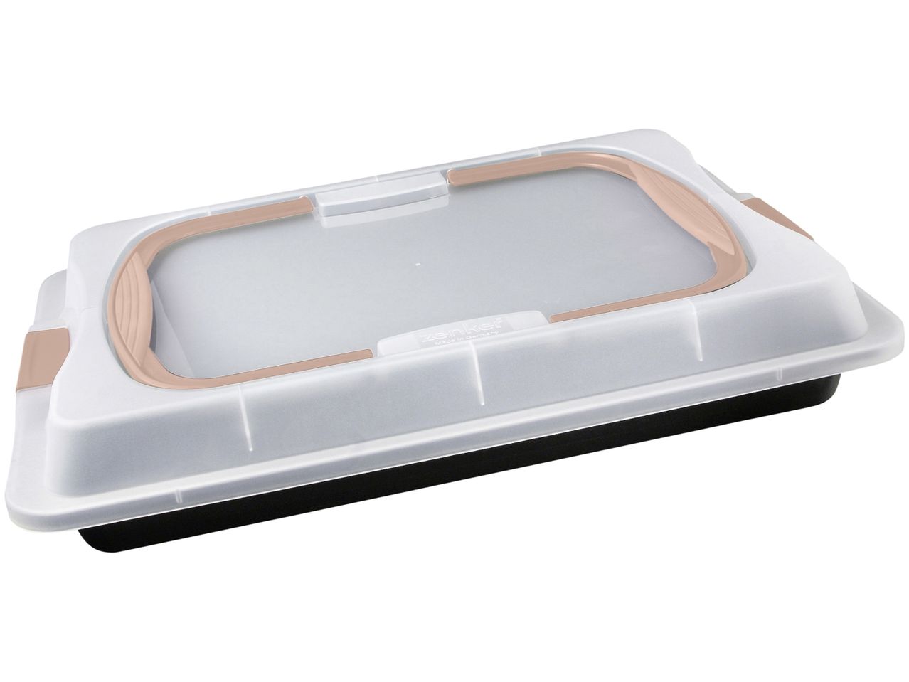Teglia da forno Zenker con coperchio in plastica trasparente.