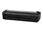 Black laminator with an integrated paper trimmer and various size guides.