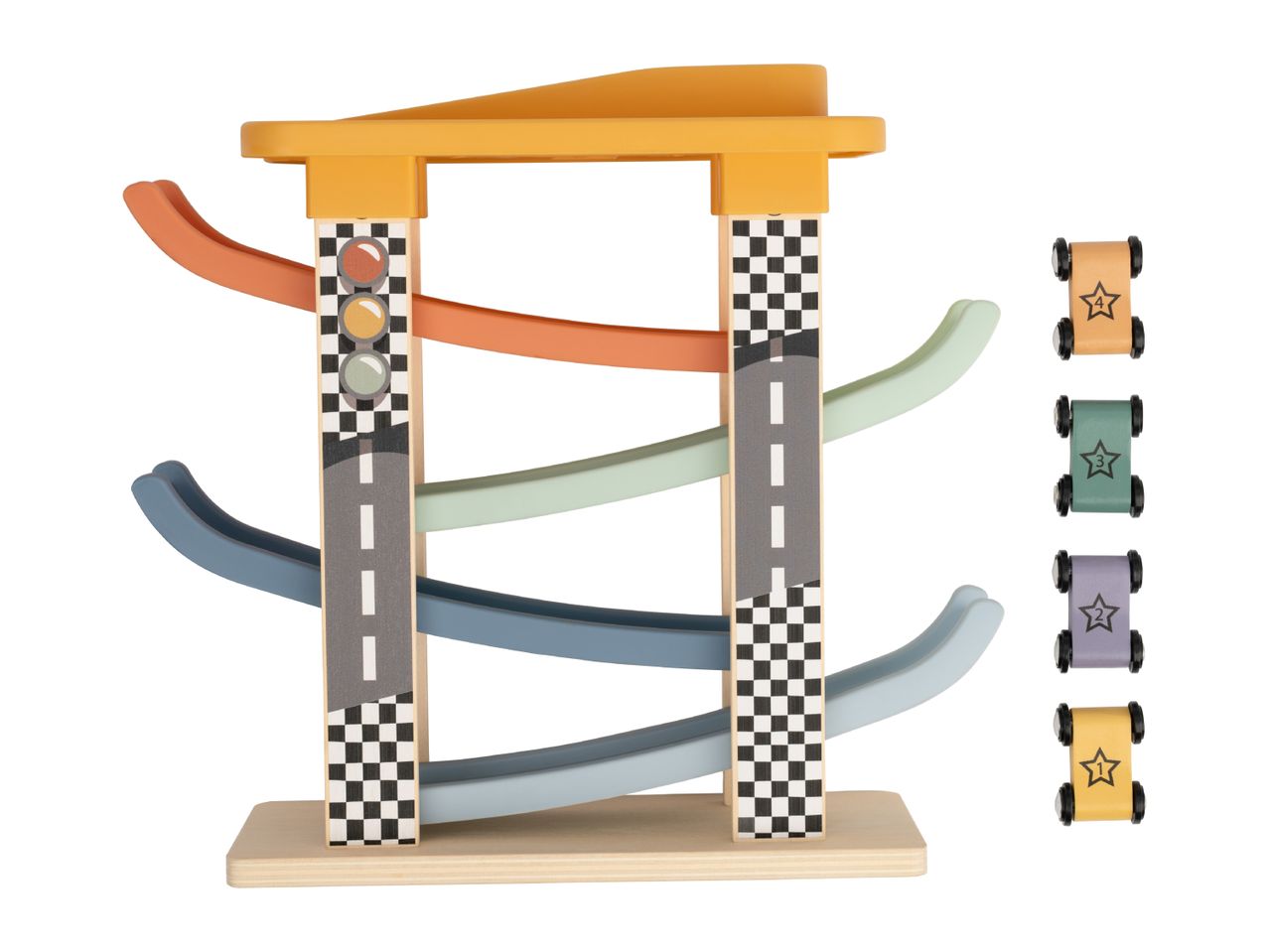 Wooden car ramp toy with four colorful cars, featuring a traffic light and checkered flag design.