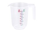 Clear plastic measuring jug with red markings for flour and green for sugar, showing various measurements.