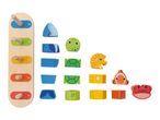Wooden stacking toy with numbered pegs and sea animal shapes: whale, turtle, seahorse, clownfish, crab.