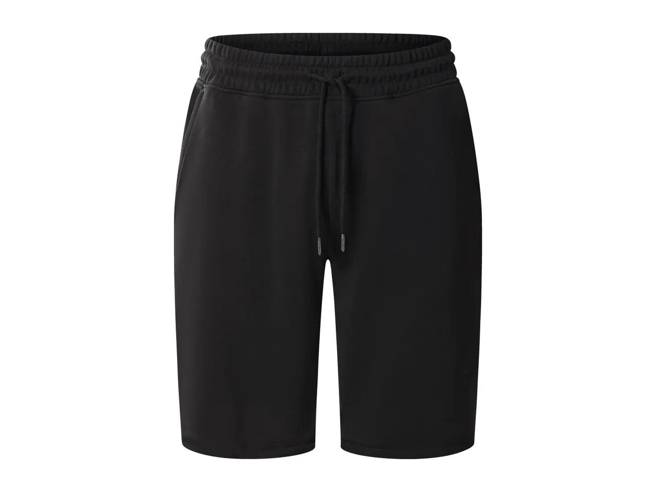 Black men's sweat shorts with an elastic waistband and drawstring.