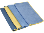 Conjunto de panos de microfibra W5 em azul e amarelo.