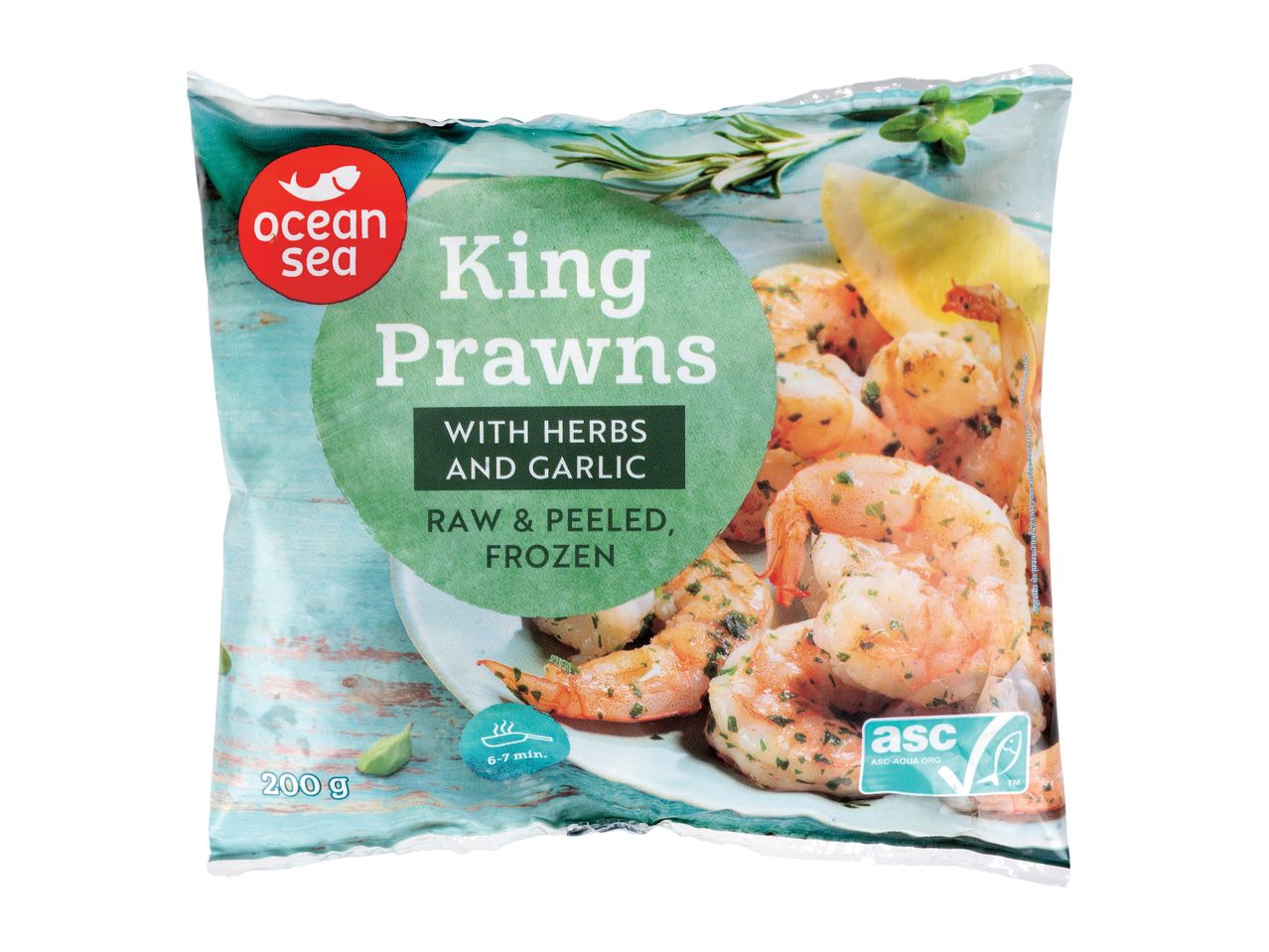 Pachet de creveți Ocean Sea King, cu ierburi și usturoi, cruzi, decojiți și congelați (200g).