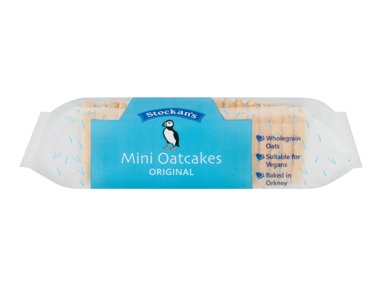 Stockan's Mini Oatcakes in a clear plastic package with a blue label.