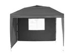 A dark gray pop-up gazebo with a clear window panel stands on a white background.