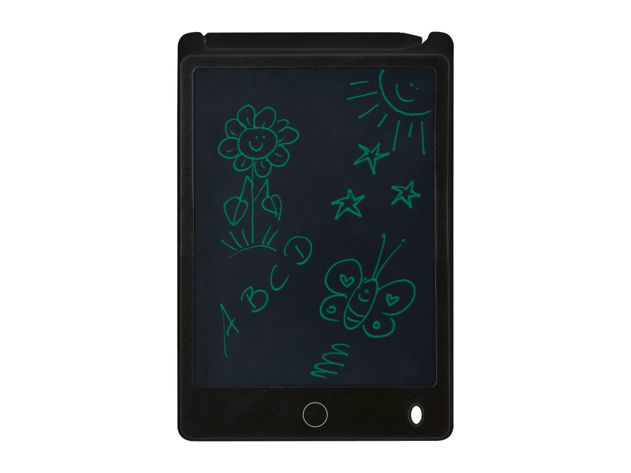 Black LCD writing tablet with green drawings of a flower, sun, stars, butterfly, and ABC.