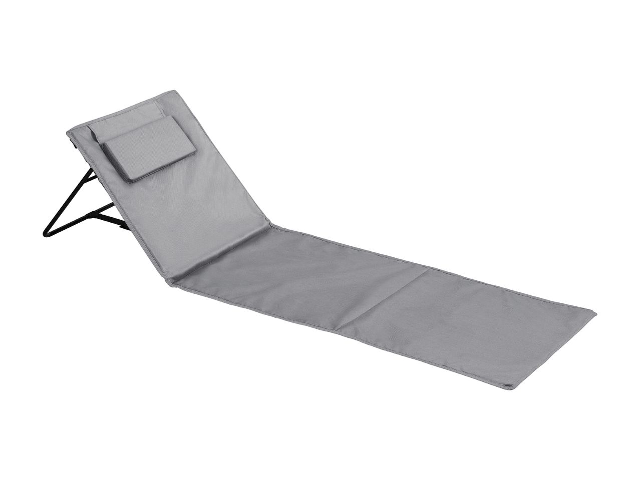 Grey foldable beach mat with an adjustable backrest and a small pillow.
