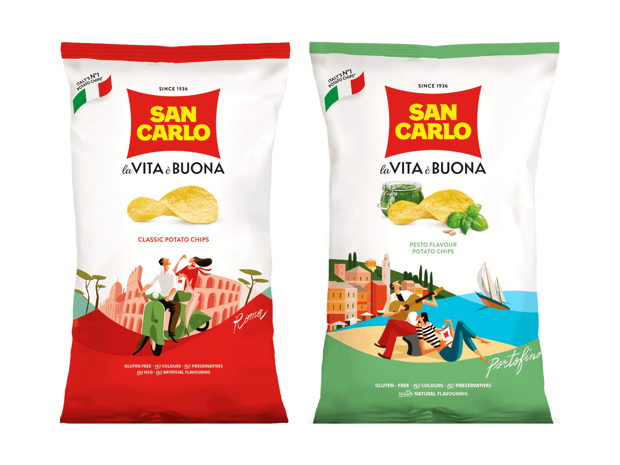 Zwei San Carlo Kartoffelchips-Tüten: klassisch rot mit Rom-Motiv und Pesto-Geschmack grün mit Portofino-Motiv.