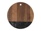Round wooden and marble cutting board with a hole for hanging.