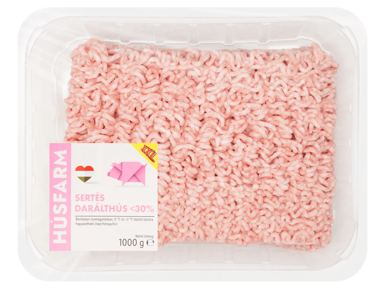 1000 g-os kiszerelésű sertés darálthús tálcás csomagolásban.
