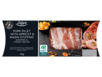 Deluxe Irish Stuffed Pork Fillet with Apricot & Raisin Stuffing, wrapped in streaky bacon.