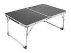 Foldable camping table with a dark grey top and silver aluminum frame, on a white background.