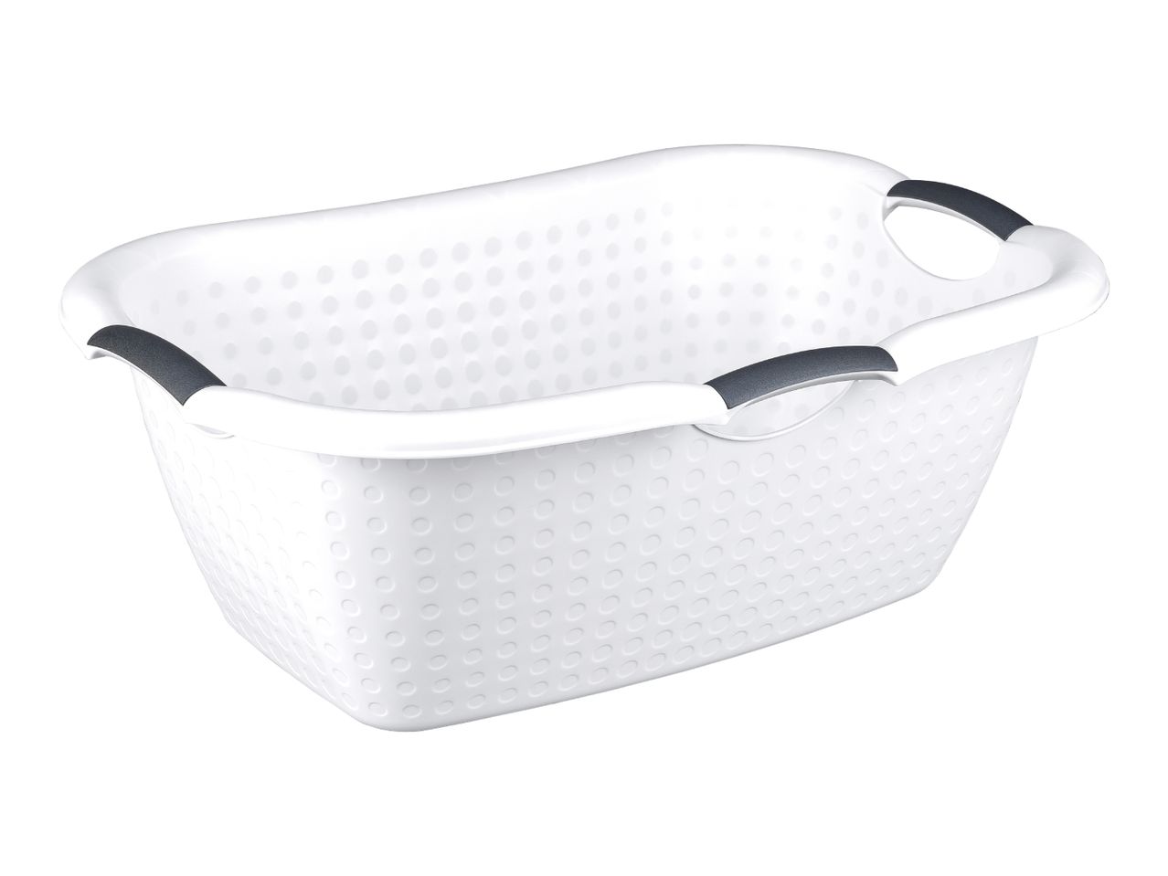 White laundry basket with grey handles and a perforated design.
