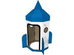A cardboard rocket playhouse for kids, featuring a blue and white design with space-themed illustrations.