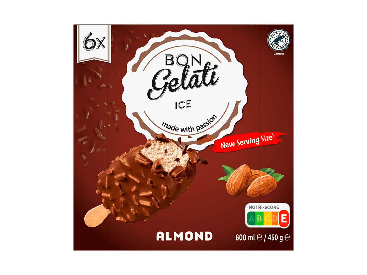 Packung mit 6 Mandel-Eis am Stiel mit Schokoladenüberzug, Nutri-Score E.
