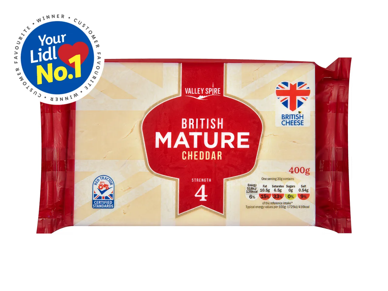 Valley Spire British Mature Cheddar, 400g, Red Tractor certified.