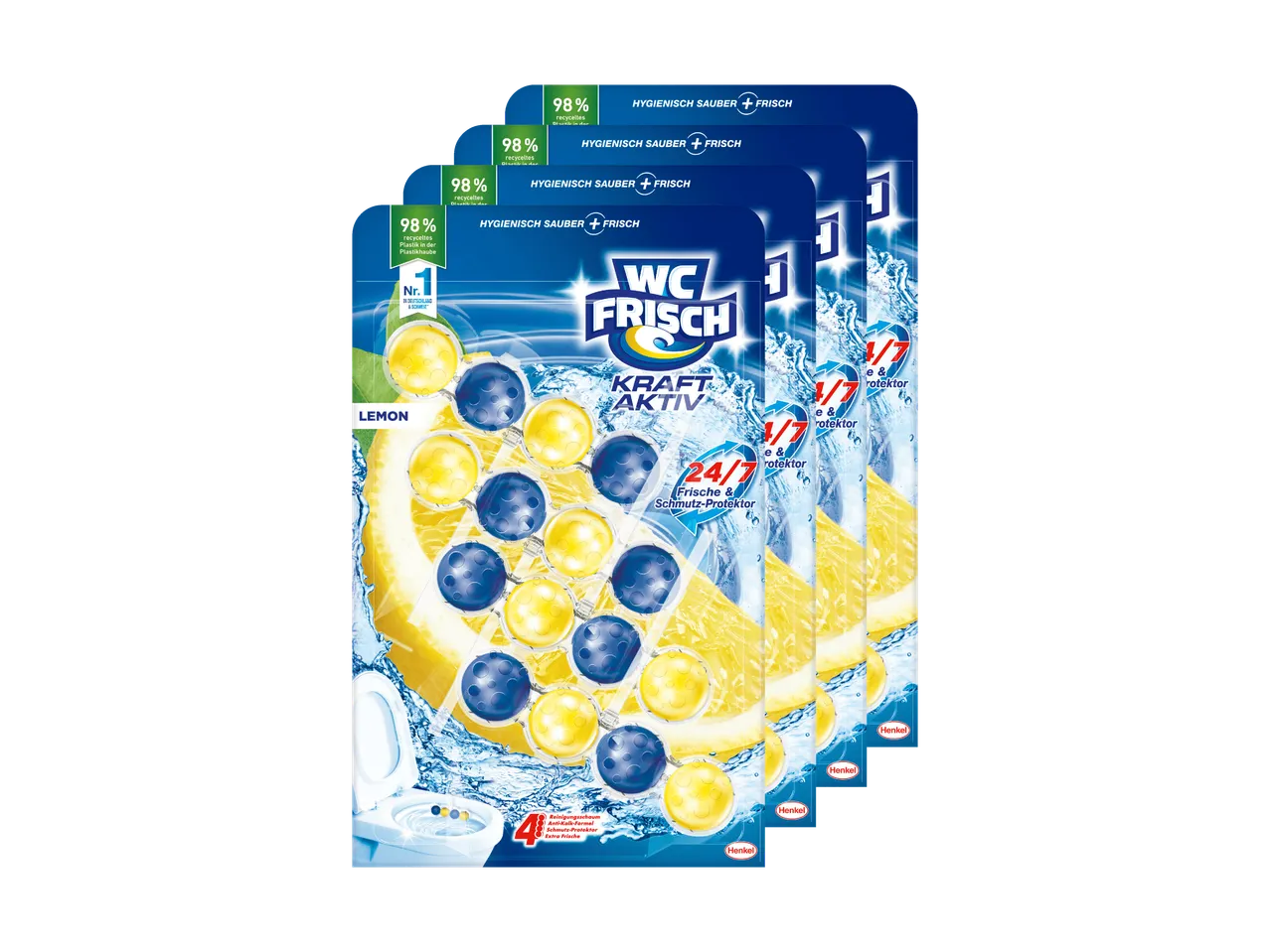 Multipack WC Frisch Kraft Aktiv Lemon, ein WC-Reiniger mit Reinigungsschaum und Kalkschutz.