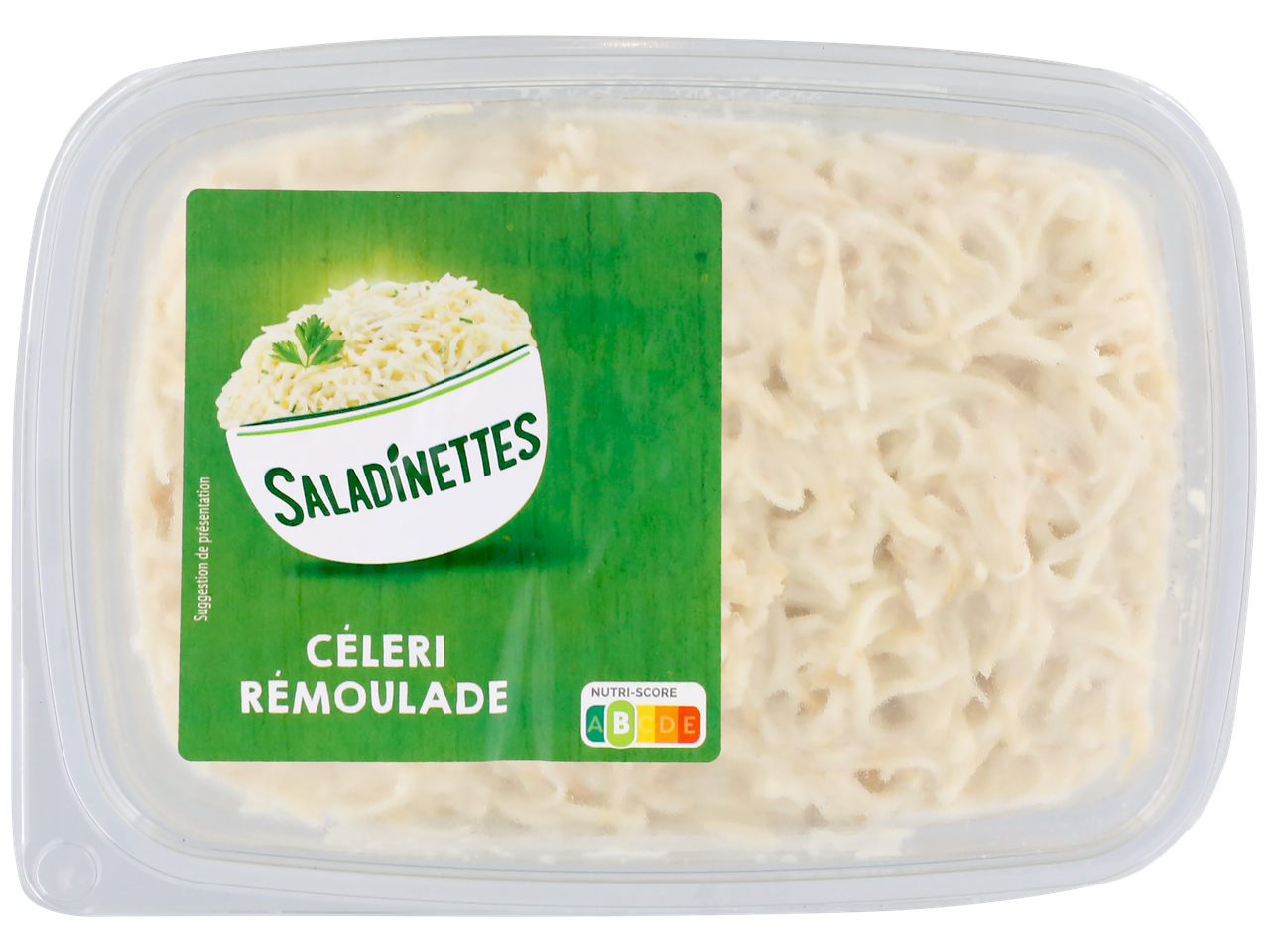 Barquette de céleri rémoulade avec une étiquette verte affichant le Nutri-Score.