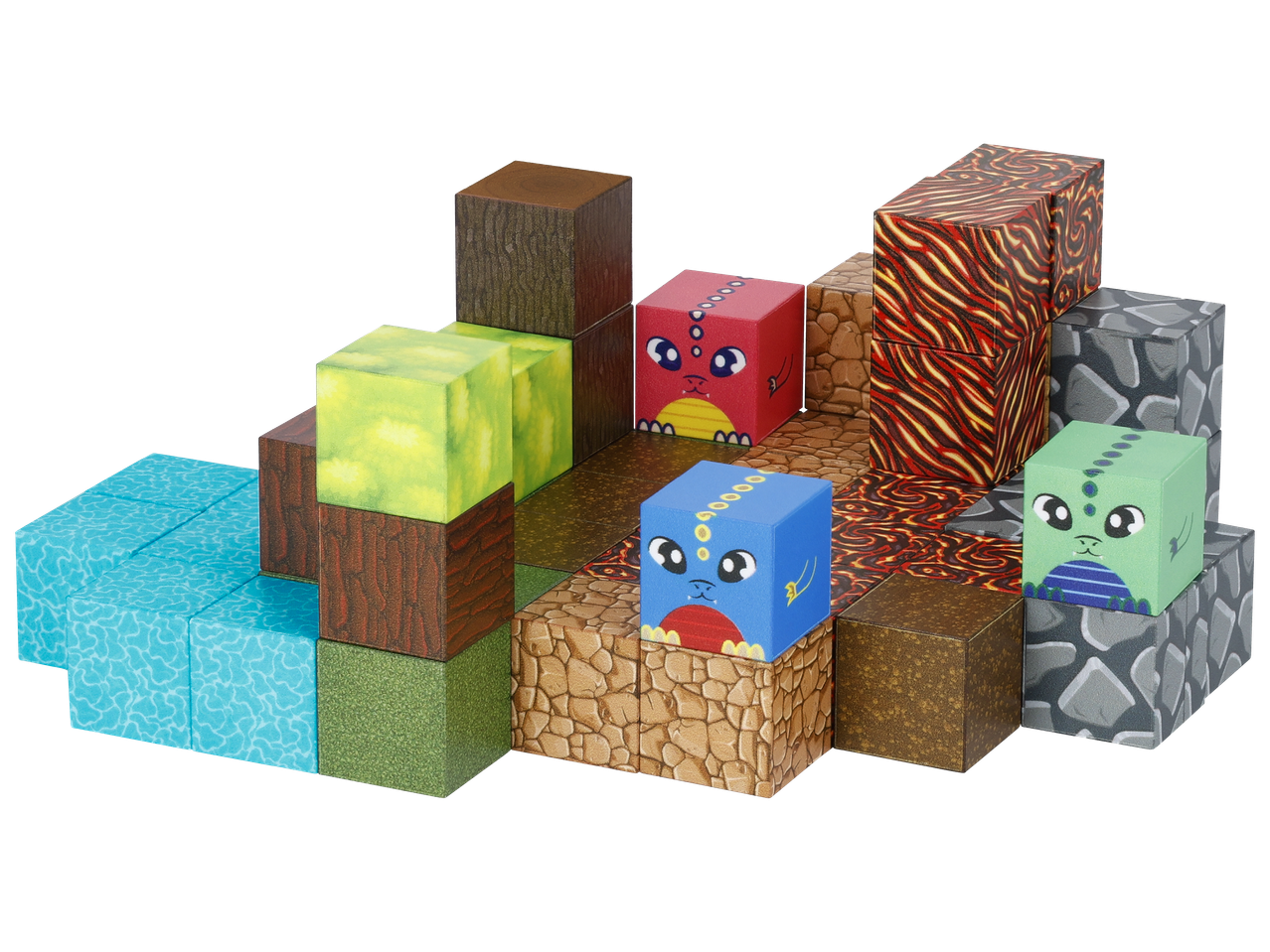 Разноцветни кубчета с различни текстури и лица на дракони, подредени като пейзаж.
