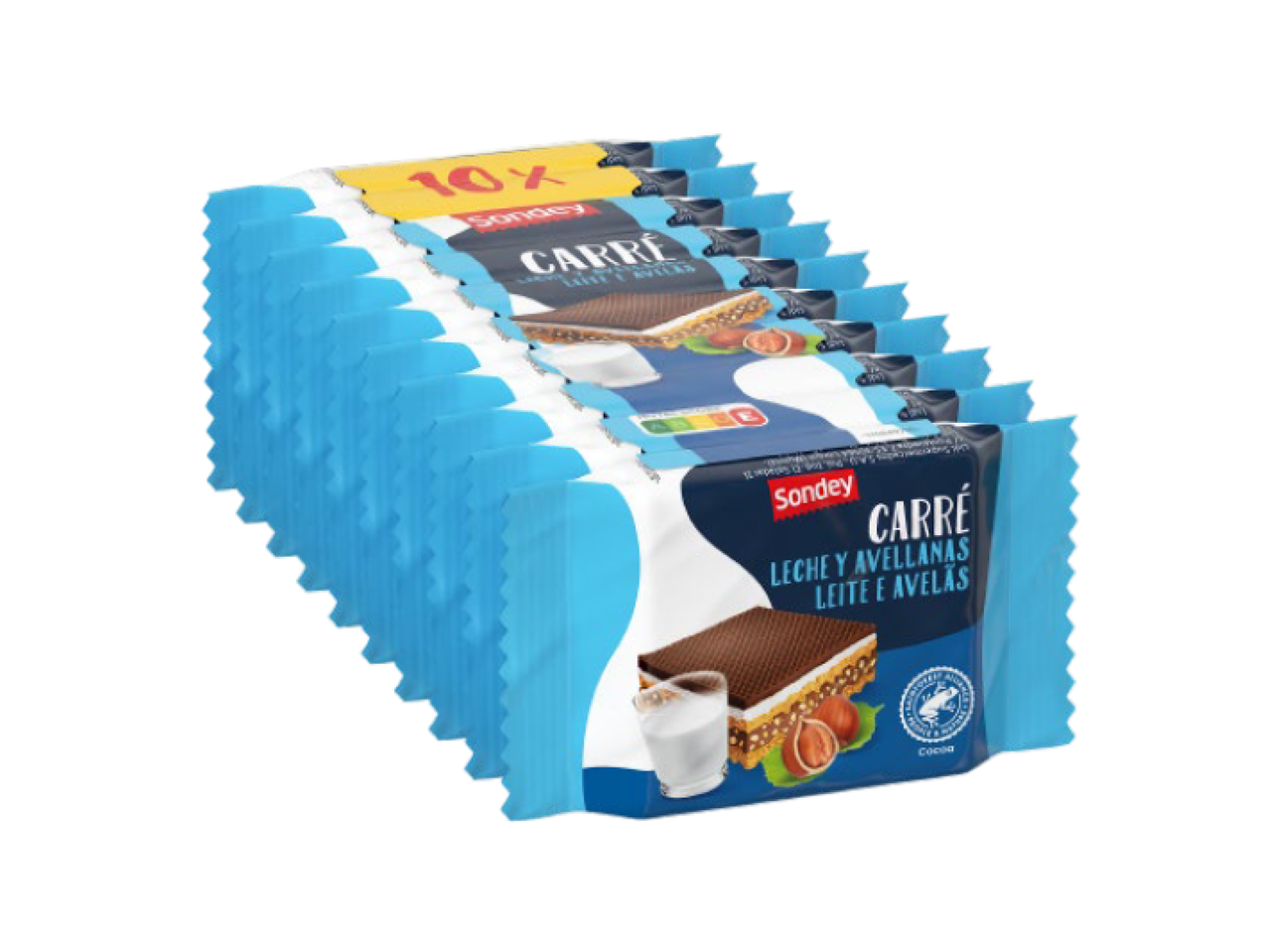 Dez pacotes de bolachas de chocolate com recheio de leite e avelãs, empilhados.