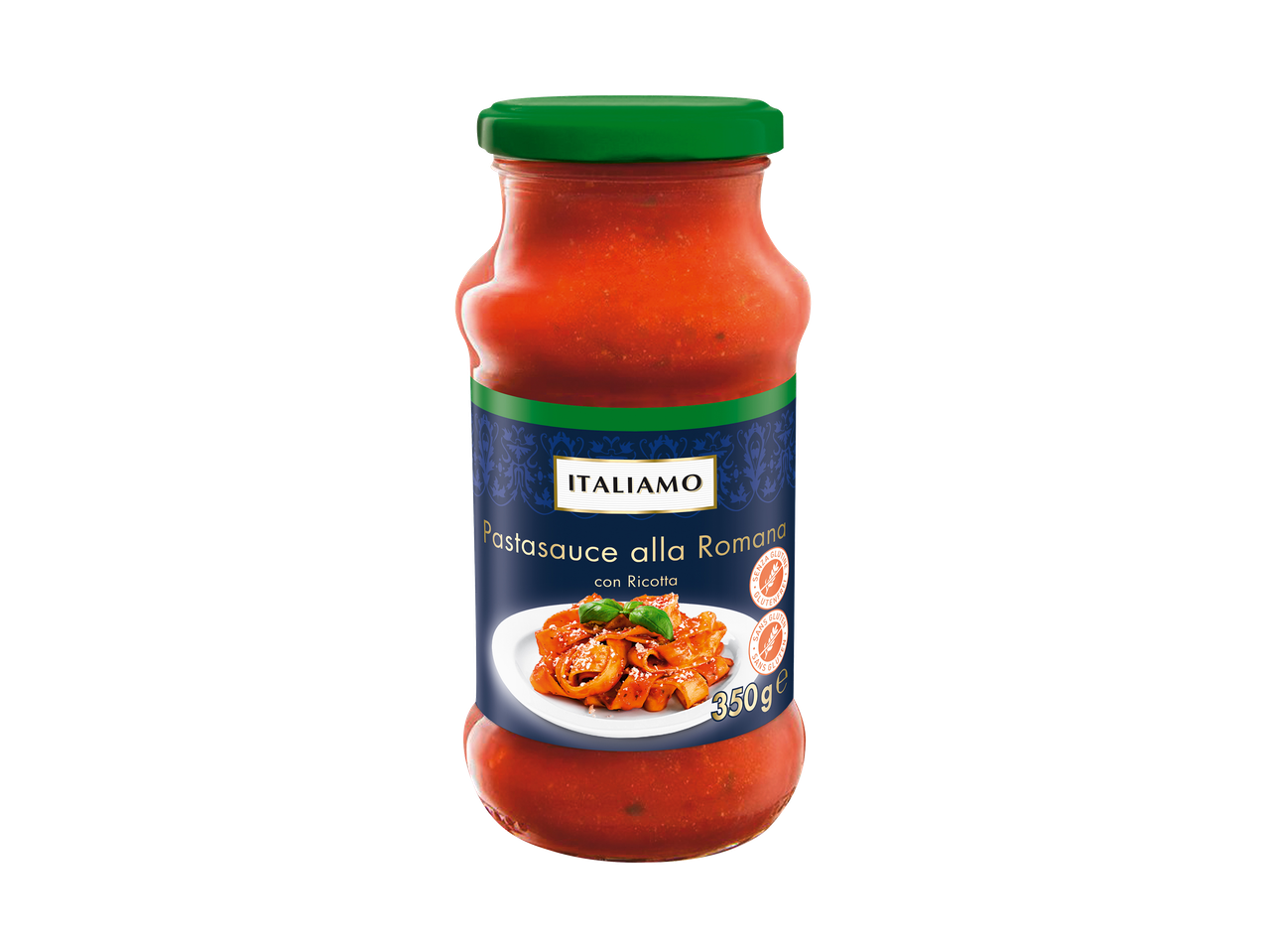 Bocal de sauce tomate pour pâtes à la romaine avec ricotta, sans gluten, 350g.