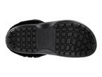 Bottom view of a black slipper with a textured sole and size markings