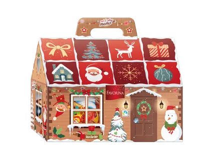 Kalėdinis namelis su šokoladinėmis figūrėlėmis 