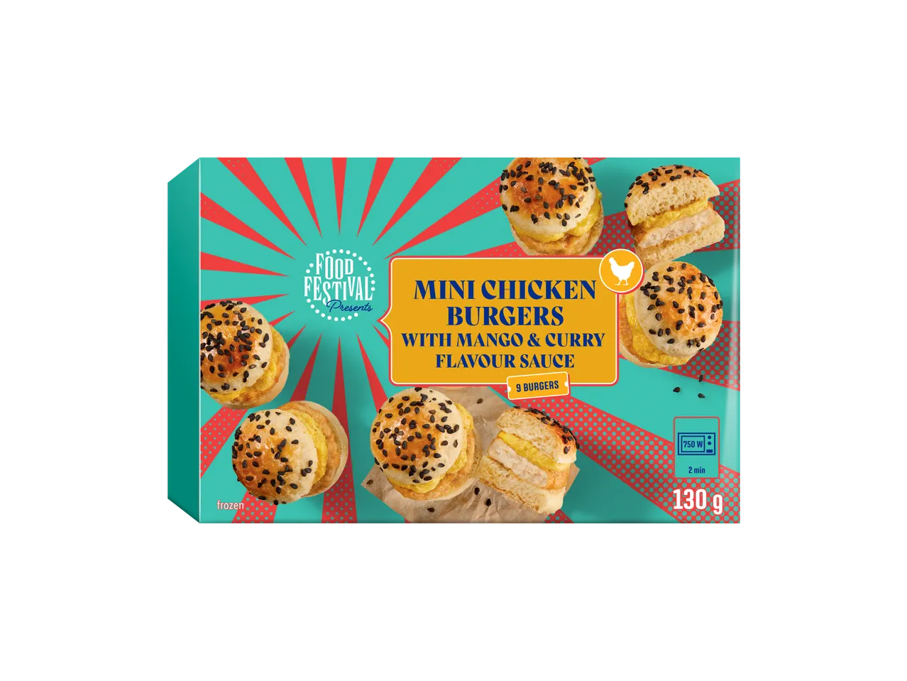 Mini chicken burgers with mango & curry flavour sauce, 9 burgers, 130g, frozen.