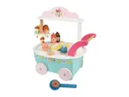 Wooden toy ice cream cart with various colorful ice cream and dessert pieces.