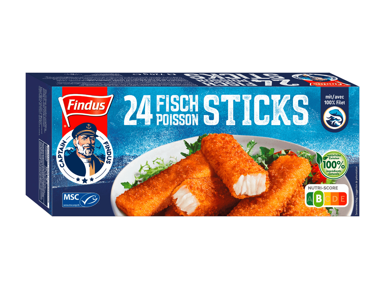 Packung mit 24 Findus Fischstäbchen mit Käpt'n Iglo und Nutri-Score A.