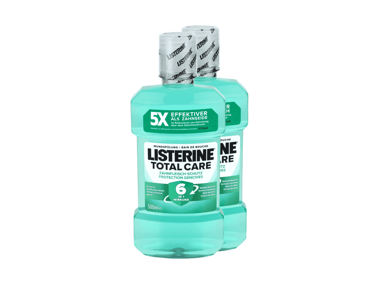 Zwei Flaschen Mundspülung für Zahnfleischschutz, je 500 ml.