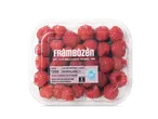 Een doorzichtige verpakking met frambozen, met een etiket met de tekst 'Frambozen van Hollandse Bodem' en '125G Nederland'.