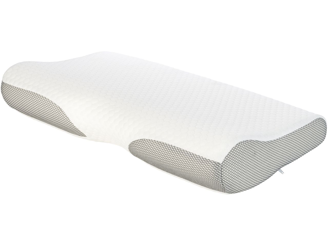 Cuscino ergonomico bianco con inserti in rete grigia.