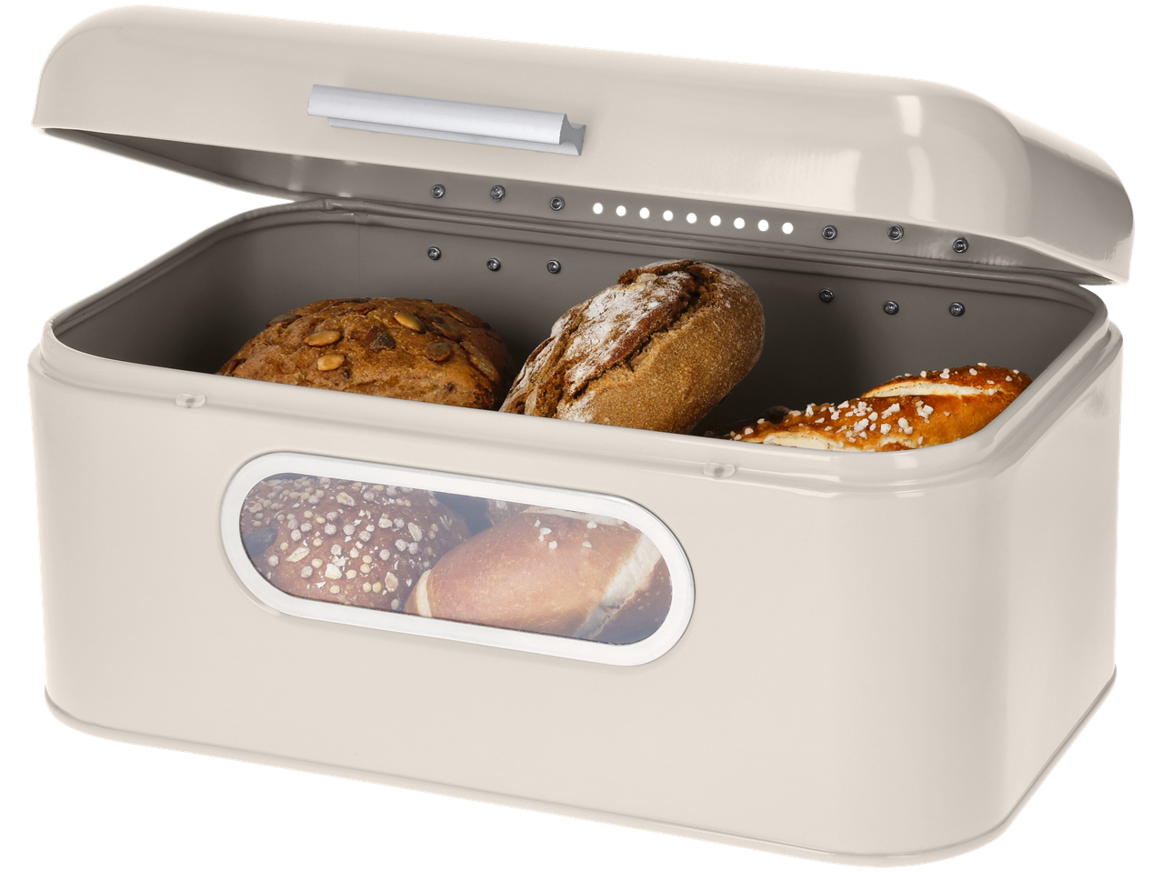 Silvercrest® Brotkasten avatud kaane ja erinevate leibadega