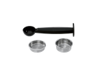 Coffee scoop and two filter baskets for an espresso machine.