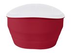 Red plastic popcorn bowl with a white lid