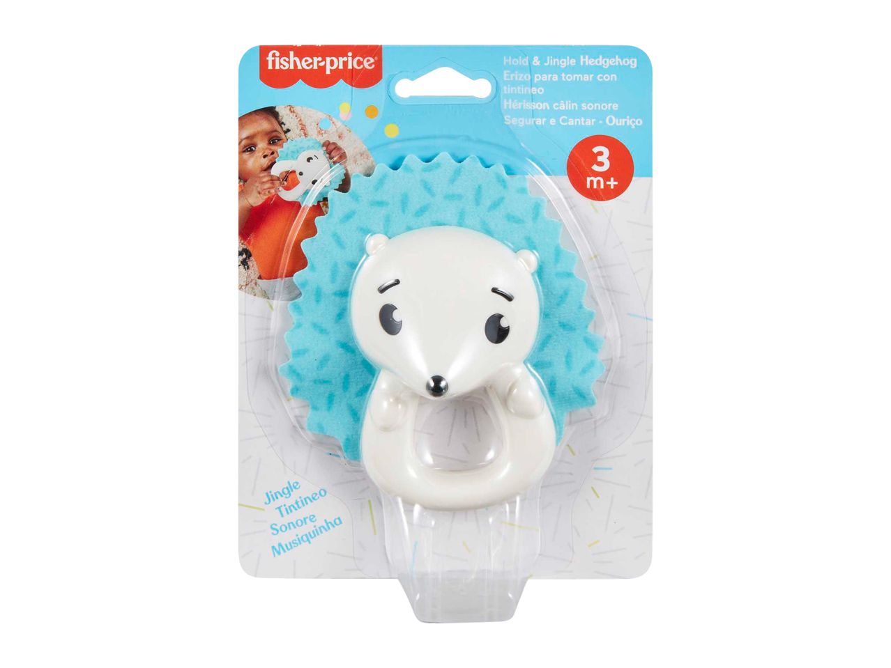 Baby rattle in the shape of a white hedgehog with a blue textured back, suitable for 3m+.
