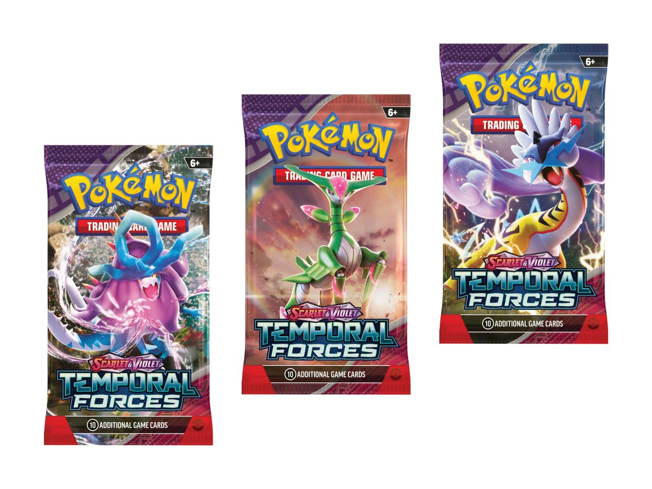 Tre Pokémon-pakker med 10 ekstra kort fra Temporal Forces-serien.