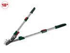 A pair of long-handled bypass loppers with green and black grips, and red adjustment mechanisms.