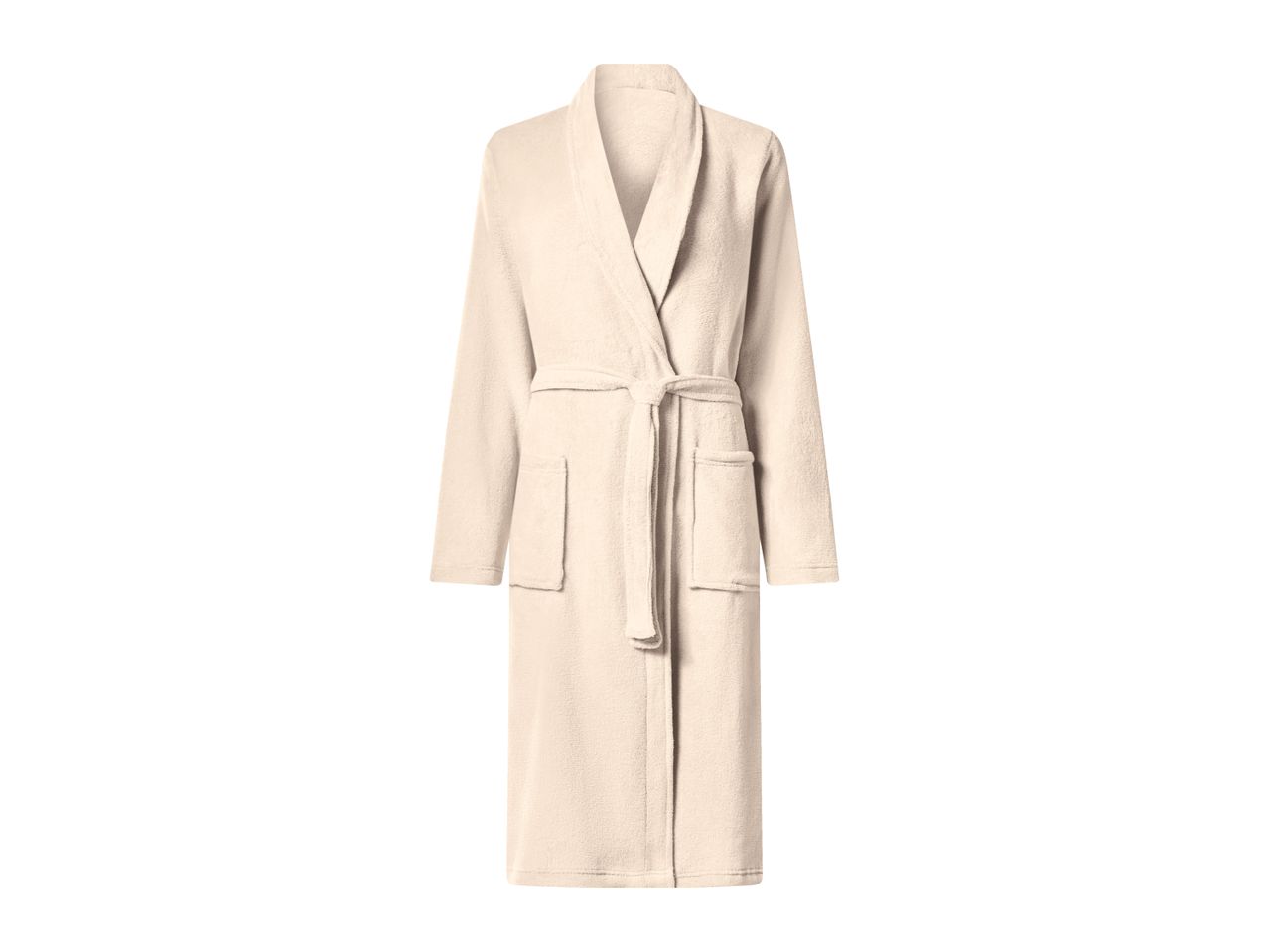 Cream-colored bathrobe with a tie belt and pockets.