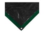 Black and green tarp with a metal grommet in the corner.