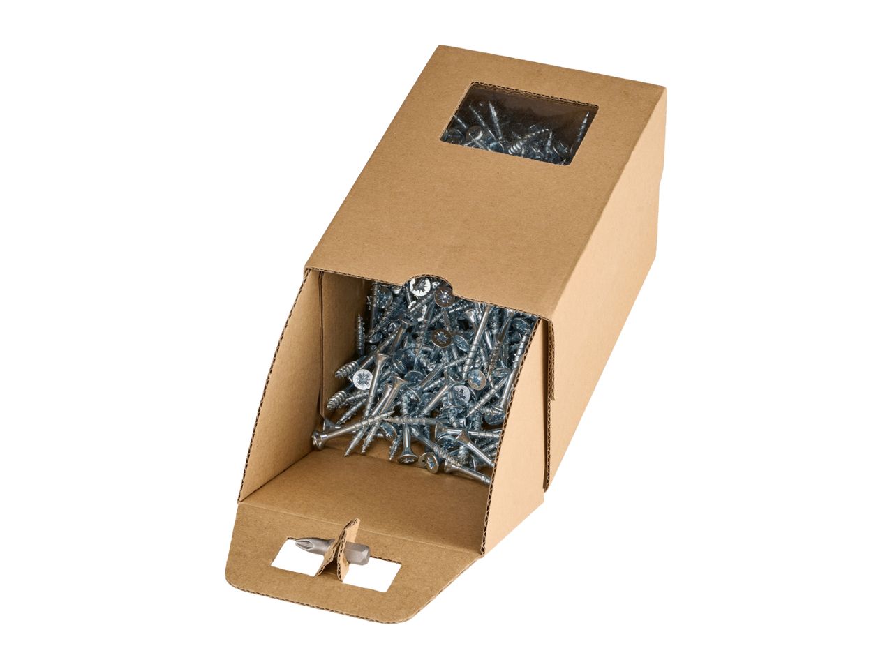 Cardboard box filled with silver screws and a screwdriver bit