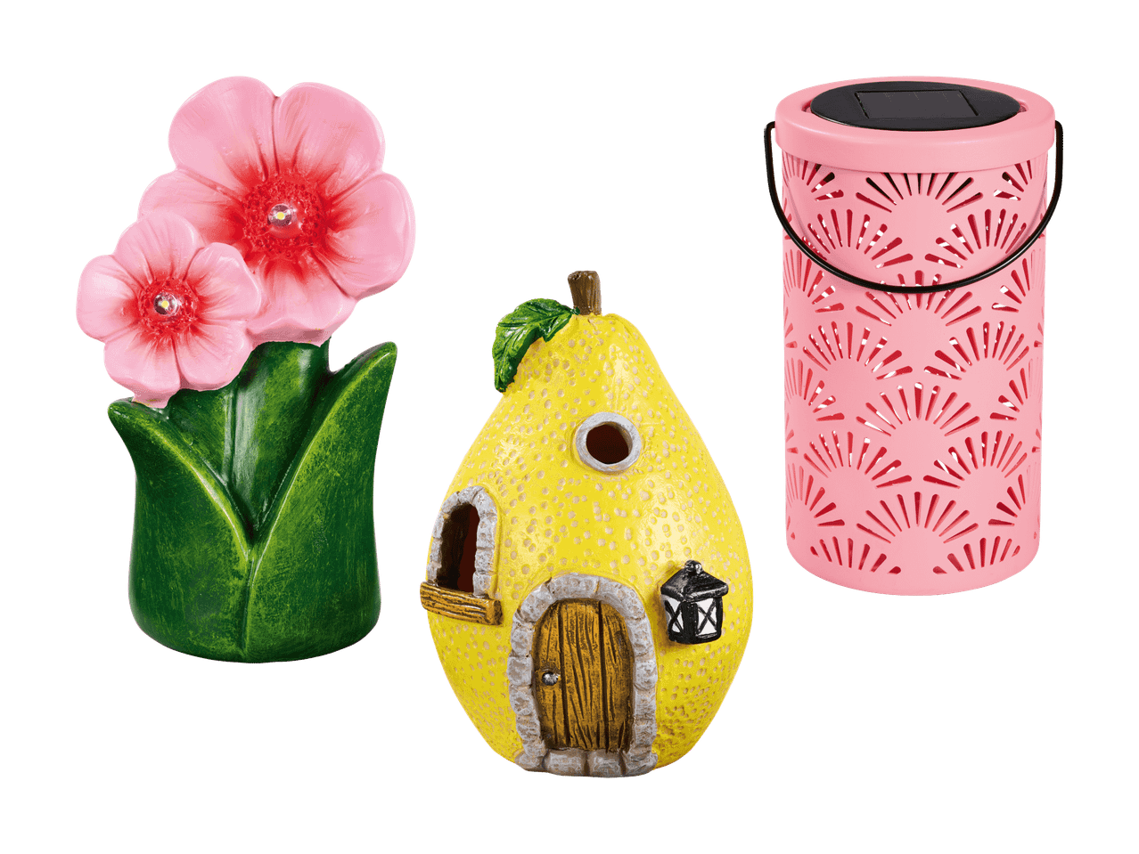 Décorations de jardin : une fleur rose lumineuse, une maison de fée en forme de poire et une lanterne solaire rose.